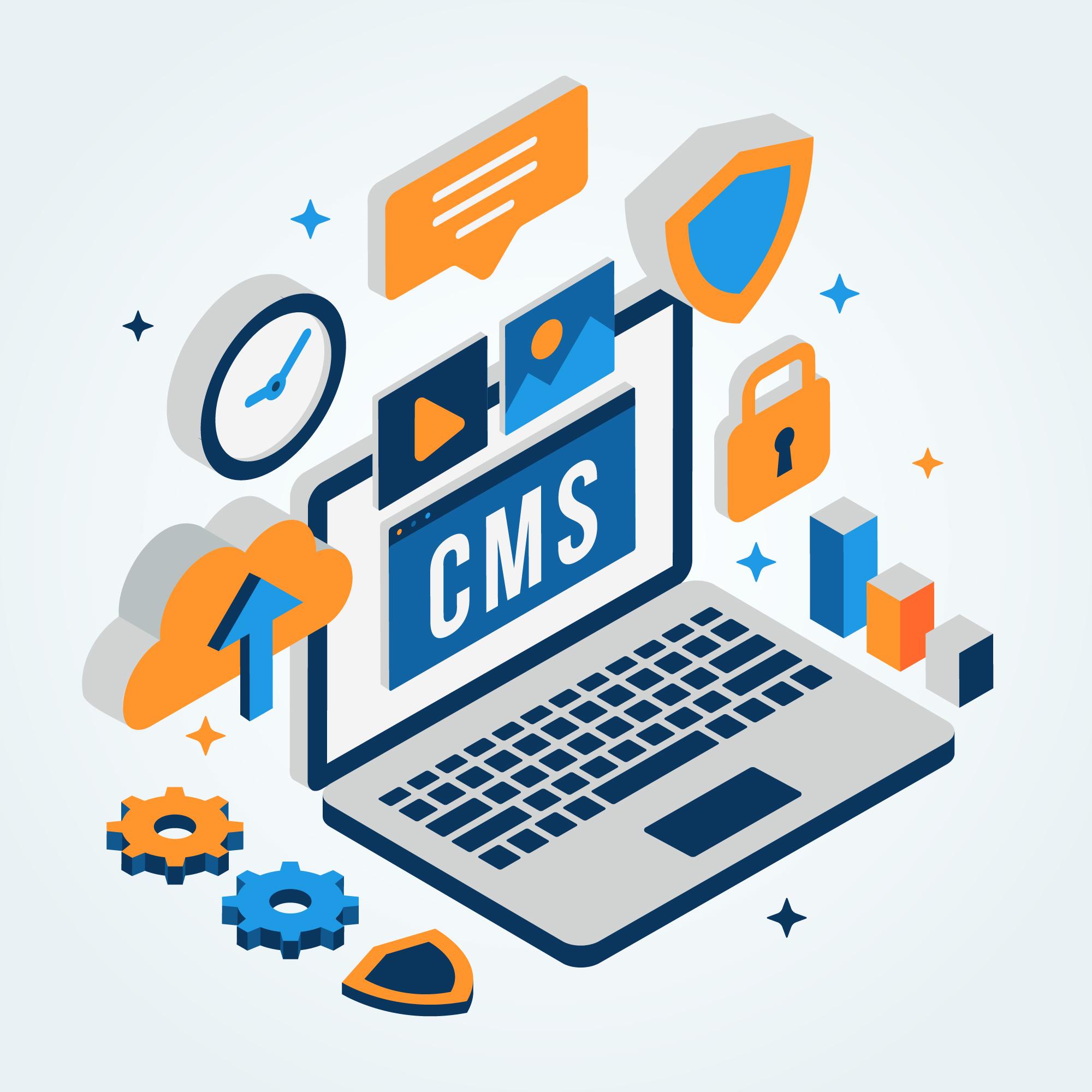 Choose The Right CMS WordPress Vs. Joomla Vs. Drupal Isometric CMS Illustration Design