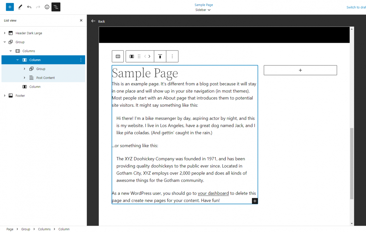 Group Block Content In Main Content Column Block