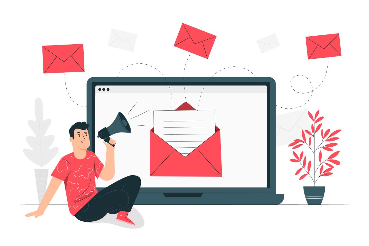 WordPress Mailing List Plugin Man With Megaphone And Laptop Behind With Opened Email