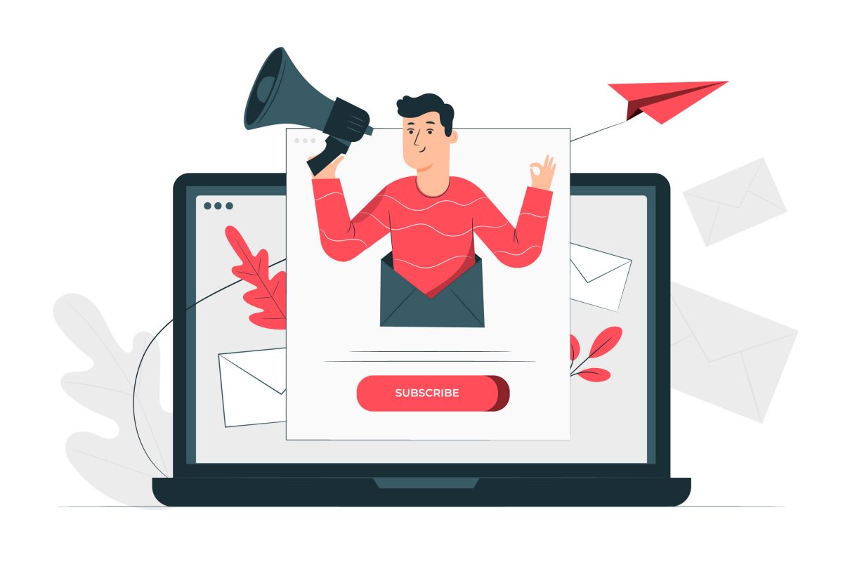 WordPress Mailing List Plugin Man With Megaphone Inviting Email Receiver To Subscribe