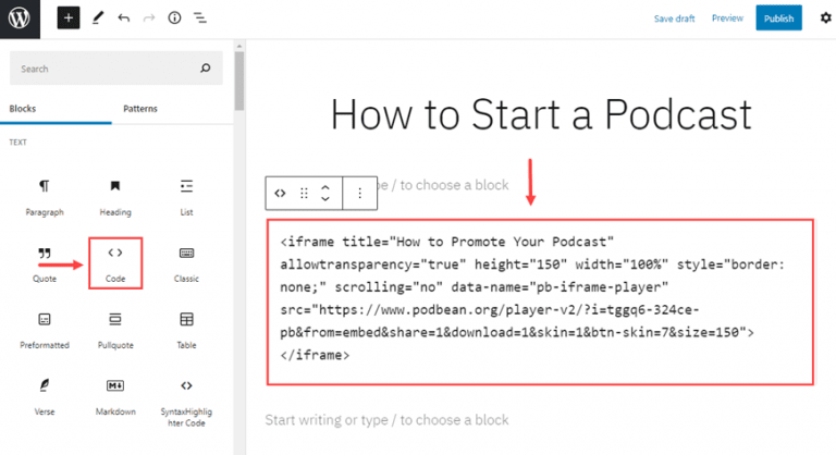 You can use PodBean’s supported embeddable player if your site is self-hosted. But, first, you’ll need the embed code, which you can find via the Share button on any Podcast episode