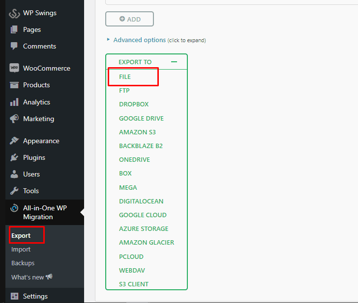 All In One WP Migration, Export to File