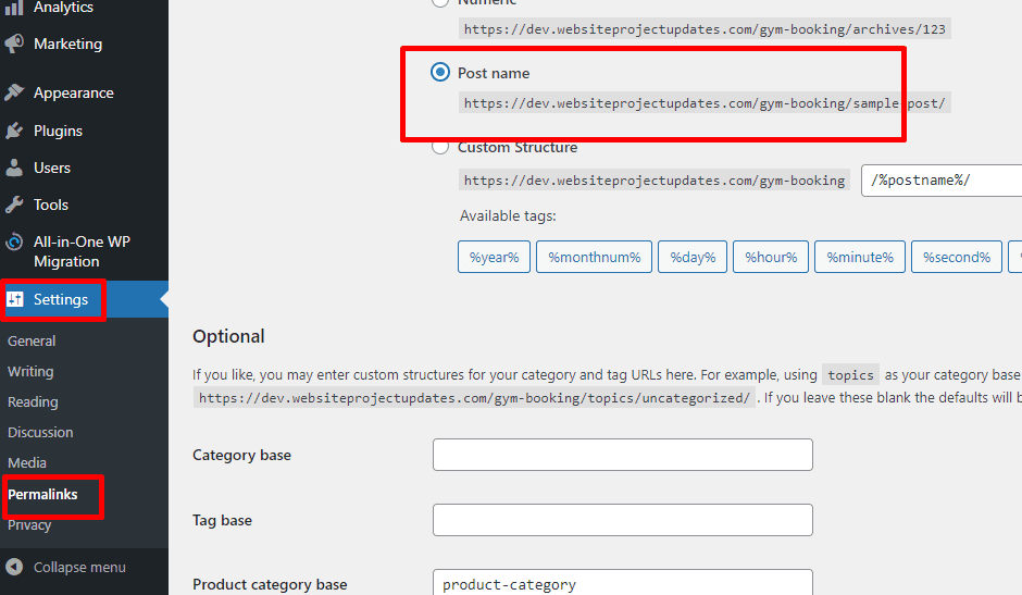 All In One WP Migration, Settings, Permalinks, Post Name